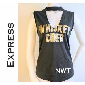 Express Whiskey Cider Tank Tee Small Cutout Charcoal Gray Gold V-Neck Biker NEW